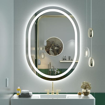 OKPAL 28x36 Oval Lighted Bathroom Mirror, Oval Bathroom Mirror with Lights, Lighted Mirrors for Bathroom, Anti-Fog, Shatter-Proof, Dimmable, Memory, 3 Colors (Front Lights + Backlit)