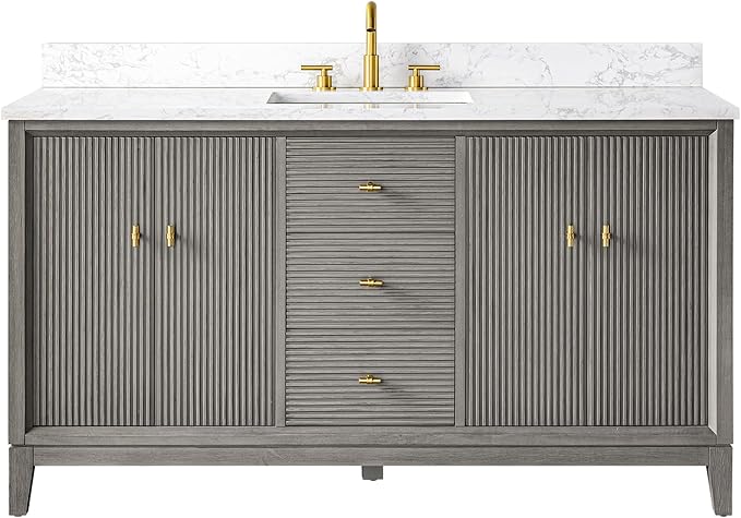 Vanity Art 60" Bathroom Vanity with Single Sink & Arabescato White Engineered Stone Top, Vanity Cabinet with Soft Closing Door, Solid Wood Frame, Golden Brushed Handles, Driftwood Gray VA8160S-DG-GB