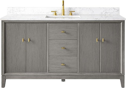 Vanity Art 60" Bathroom Vanity with Single Sink & Arabescato White Engineered Stone Top, Vanity Cabinet with Soft Closing Door, Solid Wood Frame, Golden Brushed Handles, Driftwood Gray VA8160S-DG-GB
