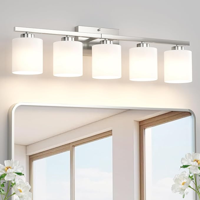 Honesorn 5-Light Bathroom Vanity Light, Anti-Rust Bathroom Light Fixtures | Bathroom Light Over Mirror, Milky White Frosted Shades, Brushed Nickel, E26 Socket(Bulbs Not Included)