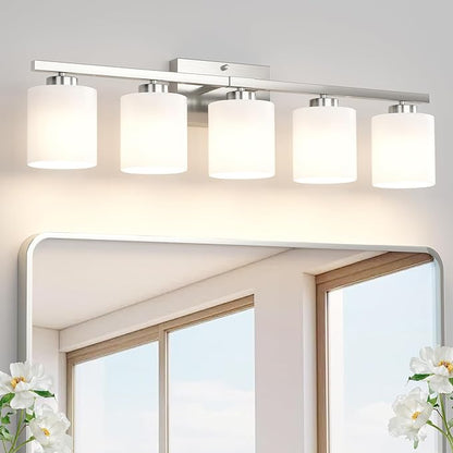 Honesorn 5-Light Bathroom Vanity Light, Anti-Rust Bathroom Light Fixtures | Bathroom Light Over Mirror, Milky White Frosted Shades, Brushed Nickel, E26 Socket(Bulbs Not Included)