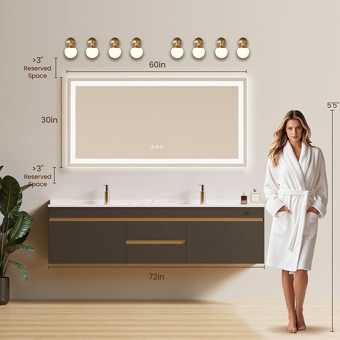 60x30 LED Bathroom Mirror with Anti-Fog, Backlit & Front Lit, Memory | Stepless Dimmable 3 Color CRI 95+ Shatterproof Tempered Glass ETL Listed for Safety Lighted Bathroom Vanity Mirror for Wall