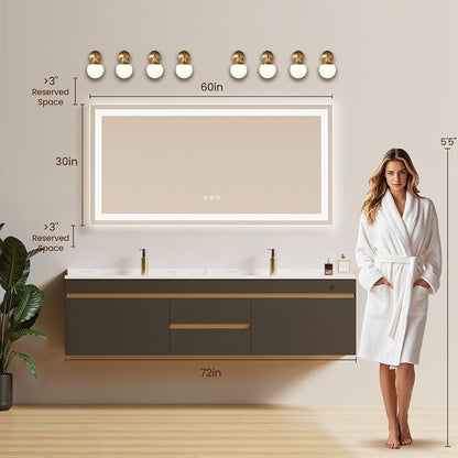 60x30 LED Bathroom Mirror with Anti-Fog, Backlit & Front Lit, Memory | Stepless Dimmable 3 Color CRI 95+ Shatterproof Tempered Glass ETL Listed for Safety Lighted Bathroom Vanity Mirror for Wall
