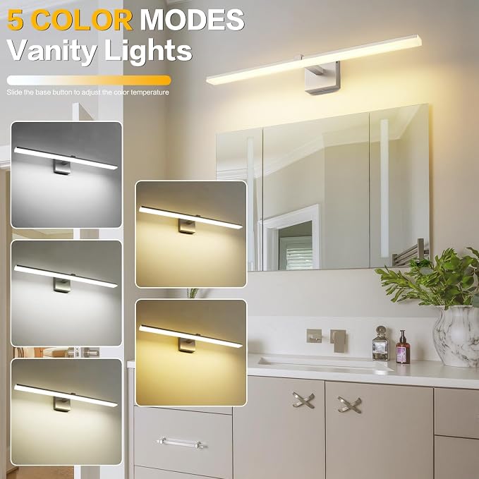 30 Inch Modern Vanity Light for Bathroom Brushed Nickel Over Cabinet Arm Extra Wide LED Bar 5CCT Selectable CRI85+ ETL