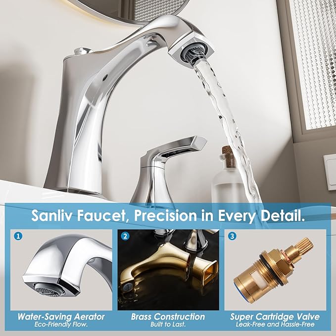 Chrome Bathroom Faucet 3 Hole, Sanliv Widespread Bathroom Sink Faucet with Drain Assembly, 2-Handle Modern Vantiy Faucet for 4-16 Inch Three Hole Sinks, Polished Chrome