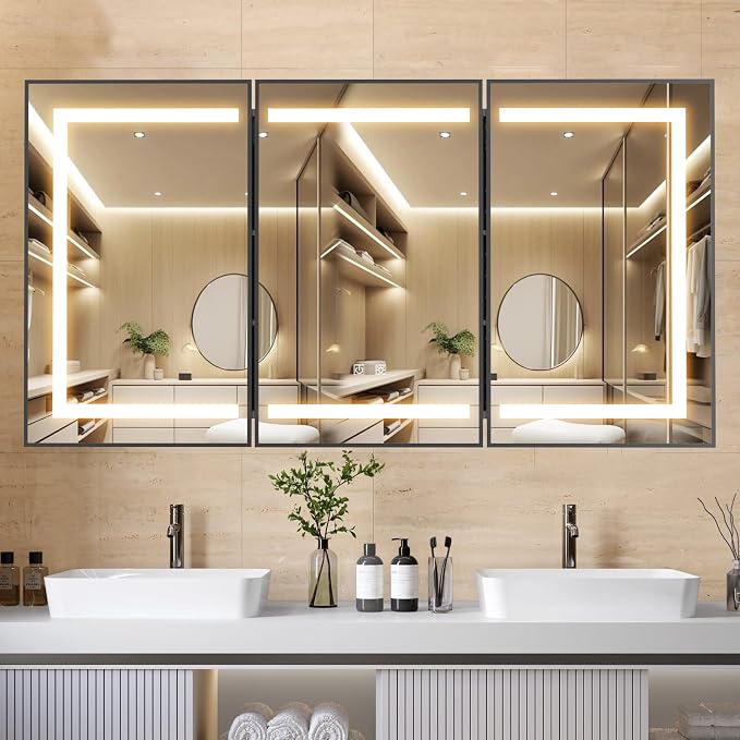 APRILSOUL 60x32 Inch Lighted Bathroom Medicine Cabinet with Mirror, Black Recessed or Surface Mount Medicine Cabinet Mirror with Storage and LED Lights, 3 Colors Temperature, Dimmable Light