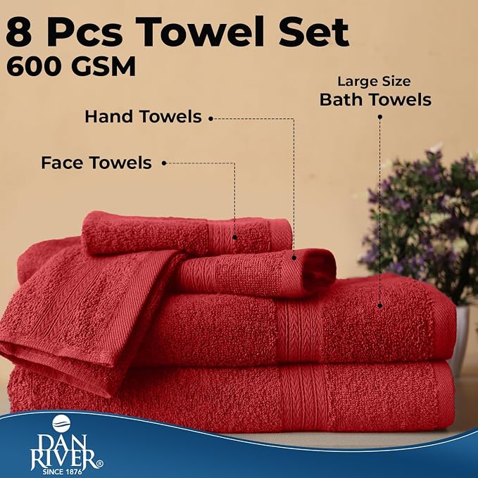 DAN RIVER 8 Piece Luxury Bath Towels for Bathroom, Towel Set, Red | 2 Bath towels, 2 Hand towels, and 4 Wash Cloths, 600 GSM 100% Ring Spun Cotton, Highly Absorbent, Gym, Hotel, guest, and Spa