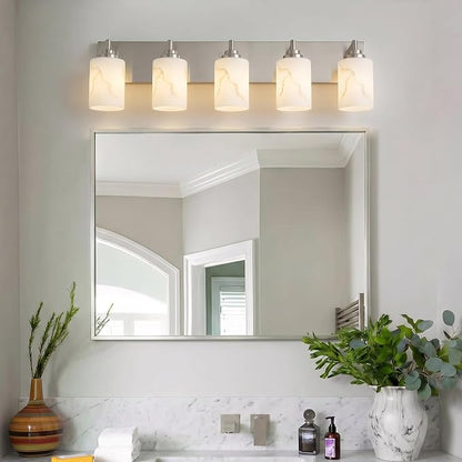 5-Light Bathroom Light Fixture, Brushed Nickel Modern Vanity Light with White Marble Glass Shade, for Bathroom Mirror, Living Room, Bedroom, Hallway, E26 Base, Extended Base