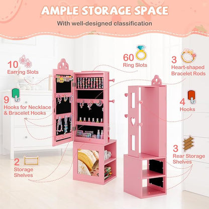 HONEY JOY Kids Jewelry Armoire Cabinet, Wooden Standing Jewelry Organizer w/Full-length Mirror and Garment Rack, 2 Tier Storage Shelves, Children Dress Up Jewelry Cabinet for Little Girls (Pink)