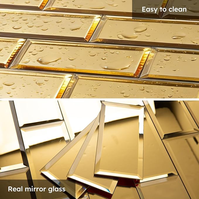 Peel and Stick Mirror Backsplash, Gold, 3x6 Inch, Beveled Mirror Subway Kitchen Bar Wall Tile (5 Sq.ft, 40 Pcs)