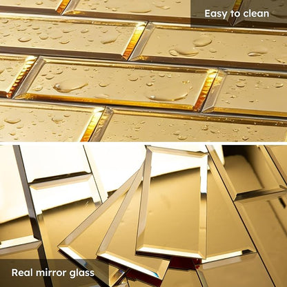 Peel and Stick Mirror Backsplash, Gold, 3x6 Inch, Beveled Mirror Subway Kitchen Bar Wall Tile (5 Sq.ft, 40 Pcs)