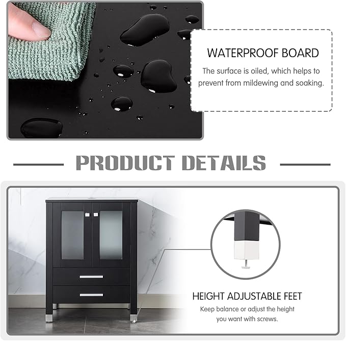 LUCKWIND 72" Double 24-in Bathroom Vanity with Sink Combo, Elegant Series with Two 12.6-in Side Cabinets, Painted Frame, Including Champagne Boat Sinks, Faucets Without Mirrors, Black