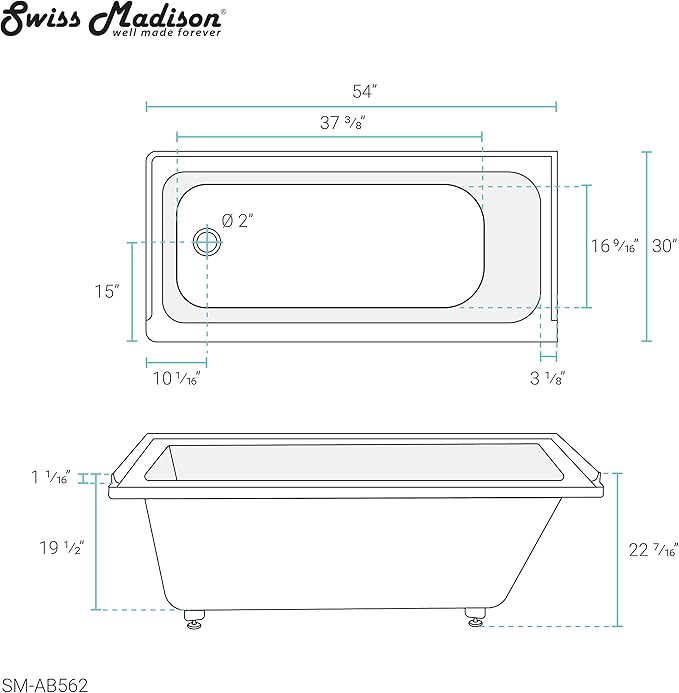 Swiss Madison Voltaire 54" x 30" Acrylic Glossy White, Alcove, Integral Left-Hand Drain, Bathtub