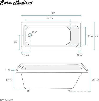 Swiss Madison Voltaire 54" x 30" Acrylic Glossy White, Alcove, Integral Left-Hand Drain, Bathtub