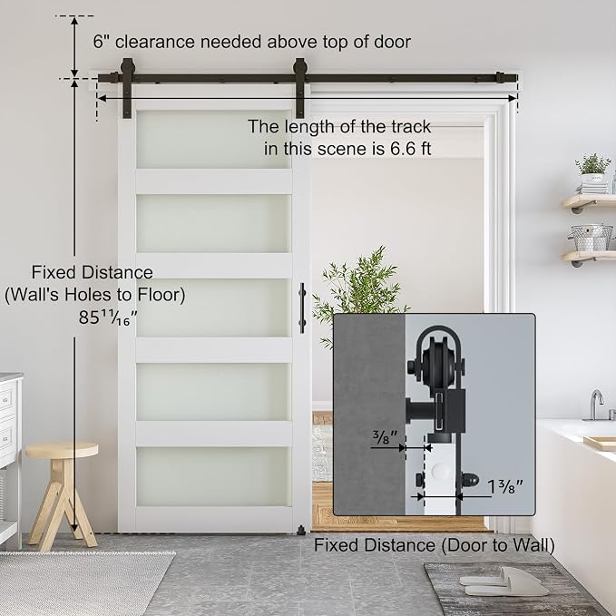 SMARTSTANDARD 36 x 84 in Glass Barn Door with 6.6FT Sliding Hardware Kit | Pre-Drilled Ready to Assemble, Waterproof PVC Coating, White, 5-Panel Glass