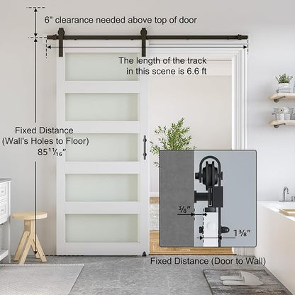 SMARTSTANDARD 36 x 84 in Glass Barn Door with 6.6FT Sliding Hardware Kit | Pre-Drilled Ready to Assemble, Waterproof PVC Coating, White, 5-Panel Glass