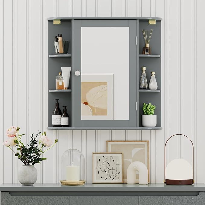 GIANTEX Bathroom Mirror Cabinet (Grey) | Wall Mounted Medicine Cabinet with Mirrored Door & 4 Interior Shelves, 6 Open Shelves, Space-saving Storage Cabinet