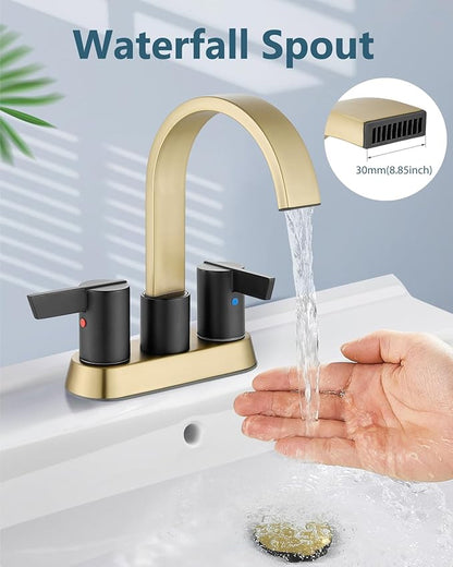 Aolemi Bathroom Faucets for Sink 3 Hole,4 Inch Centerset Waterfall Faucet 2 Handle for Bathroom Sink with Pop-Up Drain and Supply Lines Brushed Gold and Matte Black
