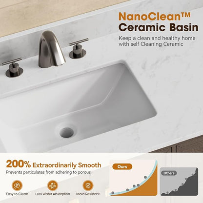 72 Inch Double Sink Bathroom Vanity, Dark Walnut | Fully Assembled Bathroom Sink Cabinet, Marble Countertop & Backsplash, Soft Closing 4 Doors & 3 Drawers, Adjustable Shelves