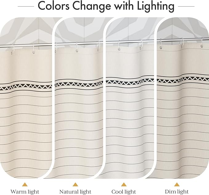 AmazerBath Boho Shower Curtain, Modern Farmhouse Shower Curtain Set with Tassels, Rustic Faux Linen Black Striped Shower Curtain with Hooks, Light Tan Toned, 72x72 Inches