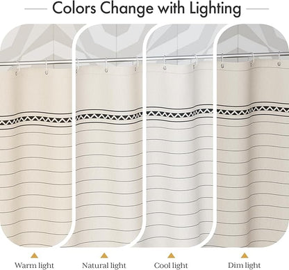 AmazerBath Boho Shower Curtain, Modern Farmhouse Shower Curtain Set with Tassels, Rustic Faux Linen Black Striped Shower Curtain with Hooks, Light Tan Toned, 72x72 Inches