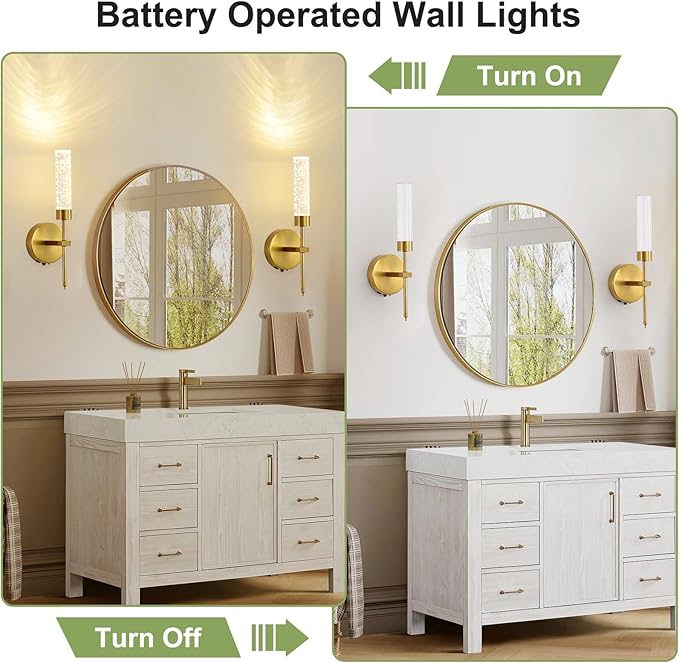Gold Crystal Battery Operated Wall Sconce, Luxury Wireless LED Wall Sconces Set of 2 with Remote 3CCT Dimmable Timer, USB Rechargeable Cordless Wall Lights for Living Room Bedroom Bathroom Hallway