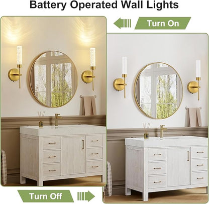 Gold Crystal Battery Operated Wall Sconce, Luxury Wireless LED Wall Sconces Set of 2 with Remote 3CCT Dimmable Timer, USB Rechargeable Cordless Wall Lights for Living Room Bedroom Bathroom Hallway