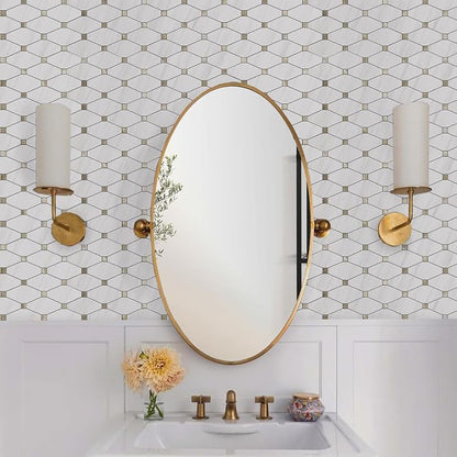 STICKGOO 1 Sheet Peel and Stick Dolomite Mosaic Tile, White Marble Look PVC Mixed Metal Gold Kitchen Backsplash for Fireplace, RV