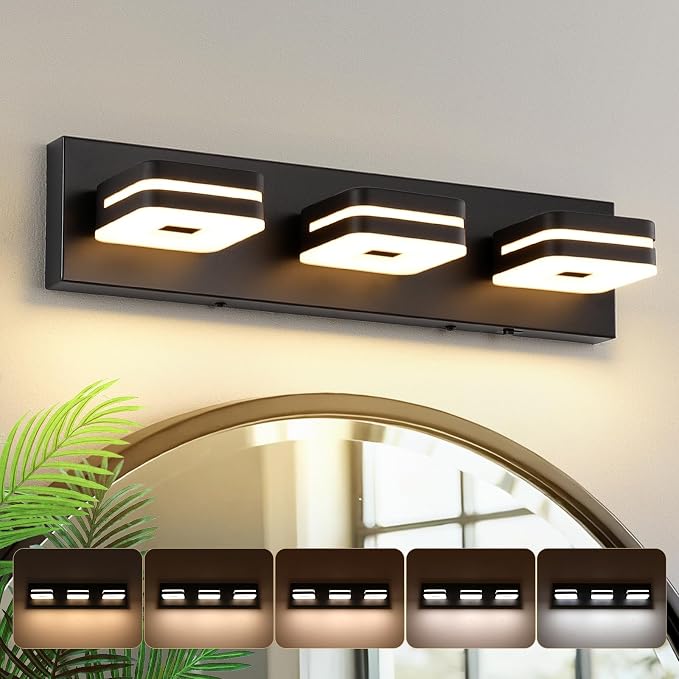 Modern Bathroom Vanity Lights, 3-Light Dimmable LED Wall Sconce, Matte Black Vanity Light for Mirror, 5CCT Adjustable Vintage Bathroom Lighting Fixtures Over Sink