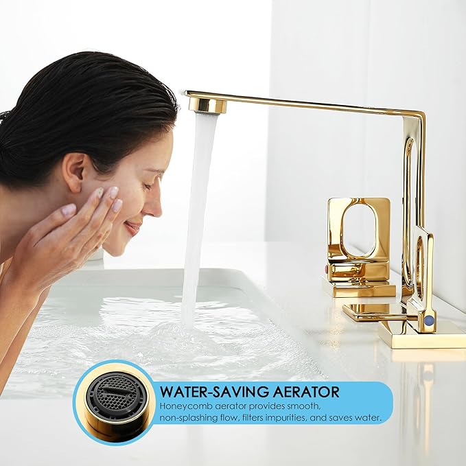 BAKALA Gold Bathroom Sink Faucet 3 Hole, 8-Inch Widespread Bathroom Faucet with 2 Water Supply Hoses, Hollowed Design