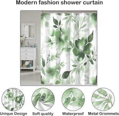 Floral Shower Curtain, Sage Green Watercolor Flower Shower Curtains for Bathroom, Modern Minimalist Waterproof Fabric Bath Curtain 72x72 Inch