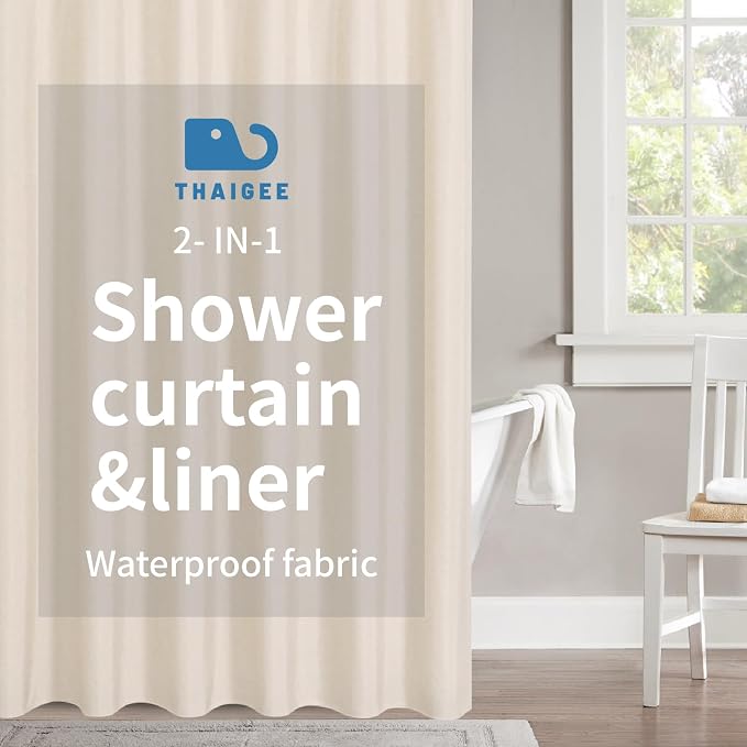 Waterproof Fabric Shower Curtain,No Liner Needed,36x72,Cream | 2-in-1 Design,Linen Textured,100% Waterproof TPU-Laminated Backing,Magnetic Weighted,Machine Washable,For Bathroom,Hotel