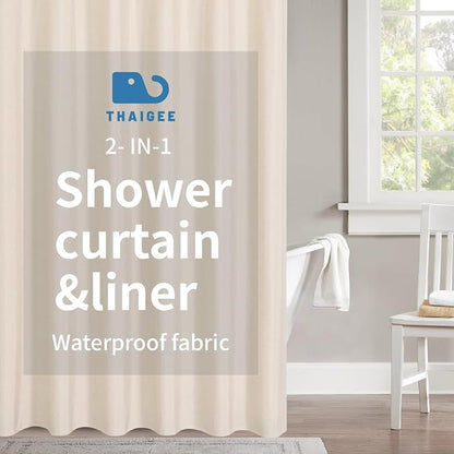 Waterproof Fabric Shower Curtain,No Liner Needed,72x72,Cream | 2-in-1 Design,Linen Textured,100% Waterproof TPU-Laminated Backing,Magnetic Weighted,Machine Washable,For Bathroom,Hotel