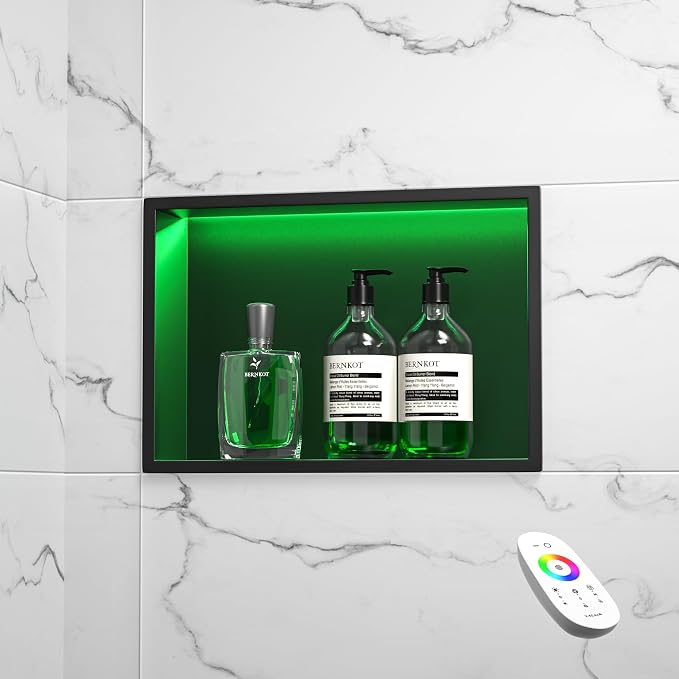 Stainless Steel Led Shower Niche 12" X 18" Matte Black with RGB Light Waterproof Hardwired Dimmable No Tile Needed Recessed Wall Niche Shower for Bathroom Storage Over Mount Installation