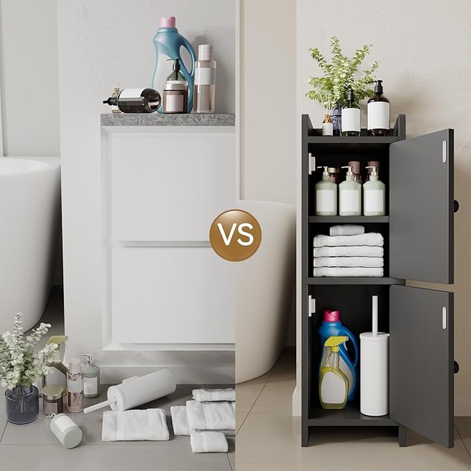 IBUYKE Small Bathroom Storage Cabinet with Rattan Door, Narrow Toilet Paper Storage Holder,Floor Cabinet with Adjustable Shelves, Space-Saving Organizer for Toiletries UWBS001B