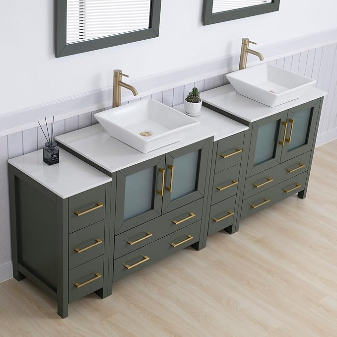 Vanity Art 84 Inch Vessel Double Sink Bathroom Vanity Cabinet with 2 Mirrors, Engineered Marble Top Bathroom Cabinet Compact Set with 10 Dovetail Drawers and Soft Closing Doors, VA3130-84VG
