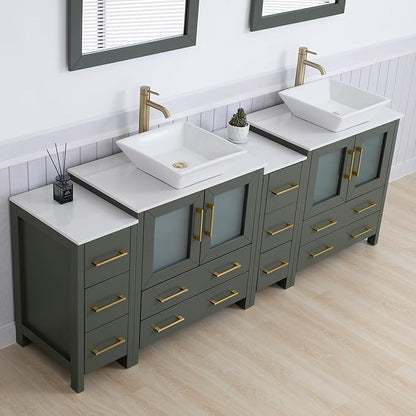 Vanity Art 84 Inch Vessel Double Sink Bathroom Vanity Cabinet with 2 Mirrors, Engineered Marble Top Bathroom Cabinet Compact Set with 10 Dovetail Drawers and Soft Closing Doors, VA3130-84VG