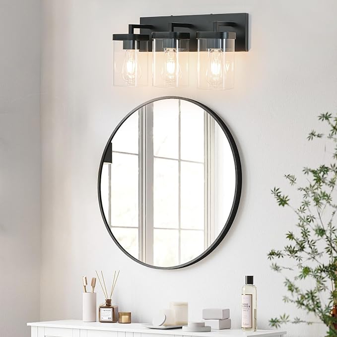 3-Light Bathroom Lighting Fixtures over Mirror, Matte Black Vanity Lights with Square Transparent Glass Shade, Modern Bathroom Vanity Light for Mirror Kitchen, Living Room, Gallery, Hallway
