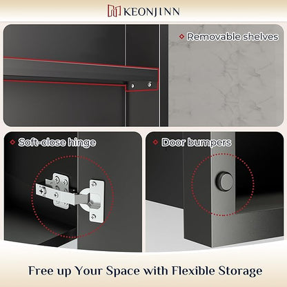 Keonjinn 48” x 30” Medicine Cabinets with Mirror for Bathroom Recessed or Surface Wall-Mounted Aluminum Alloy Framed Beveled Mirror with Soft Close Hinge, 3 Doors Silver Storage Cabinet