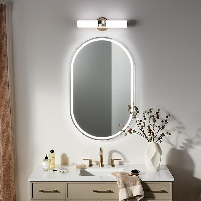Kichler Sashi 18" LED Small Bath Bar with White Glass in Champagne Bronze, Modern, for Vanity, Fireplace, Buffet, Hallway, Vanity Mirror, (18" W x 5" H), 55191CPZLED