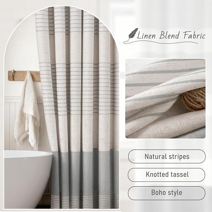 Grey Farmhouse Linen Striped Shower Curtain with Tassel 48"W X 72"L | Boho Farmhouse Shower Curtains with Linen Texture for Bathroom Decor