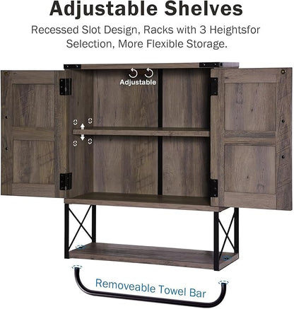 RUSTOWN Farmhouse Medicine Cabinet with 2 Barn Door, Wood Wall Mounted Storage Cabinet with Adjustable Shelf and Towel Bar, 3-Tier Bathroom Cabinet for Bathroom, Living Room(Washed Oak, Medium)