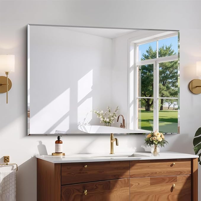 CILIBER Beveled Mirror, 50x36 Large Bathroom Mirrors for Over Sink, Lightweight Design Beveled Frameless Vanity Mirror Wall Mounted, Crystal-Clear 3mm Tempered Glass, Horizontally or Vertically
