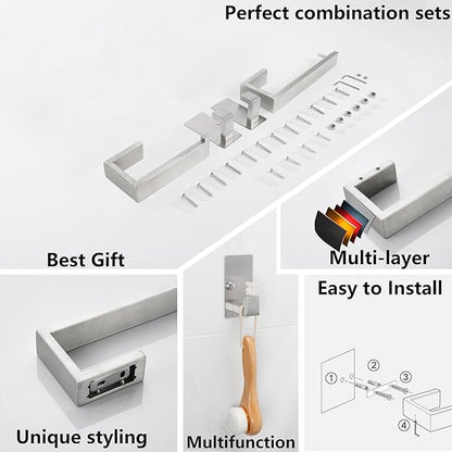 TocTen 4 Pcs Bathroom Hardware Set, Thicken Stainless Steel Hand Towel Bar Set-Includes 9IN Bath Towel Holder+Toilet Paper Holder+2 Robe Towel Hooks, Wall Mounted Bathroom Accessories Kit(Brushed)