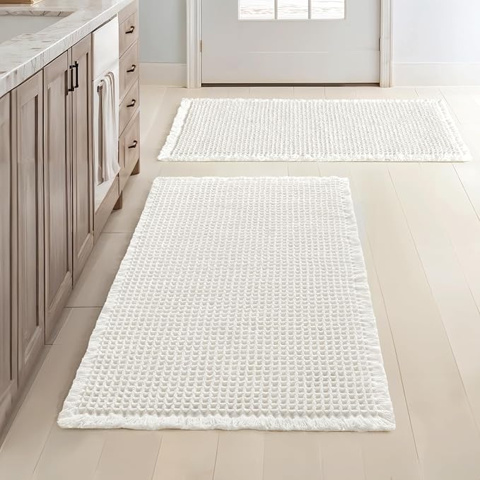 MIULEE Set of 2 Waffle Bathroom Rugs Boho Bath Mat White 20x32 Inch | Non Slip, Super Absorbent, Washable, Ultra Soft, Rubber Backed Bath Rugs for Bathroom Floor Tub Shower