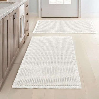 MIULEE Set of 2 Waffle Bathroom Rugs Boho Bath Mat White 20x32 Inch | Non Slip, Super Absorbent, Washable, Ultra Soft, Rubber Backed Bath Rugs for Bathroom Floor Tub Shower