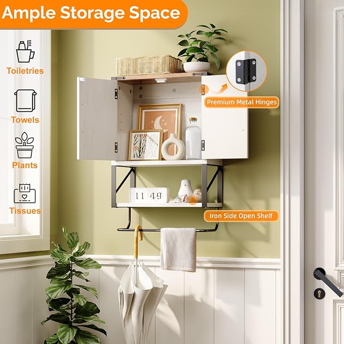 Bonnlo Wall Cabinet Farmhouse with Tower Bar Small Bathroom Medicine Cabinet Over Toilet Storage Organizer with Tower Bar Wall Mounted for Bathroom Kitchen Rustic White & Brown