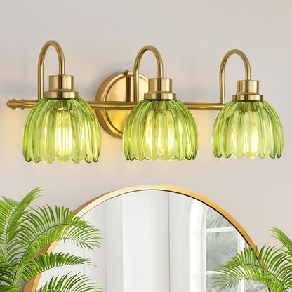 Bathroom Light Fixtures (3-Light, 20 Inch), Brushed Gold Vanity Lights for Bathroom with Ribbed Green Tulip Glass Shade, Vintage Vanity Wall Lights for Mirror Bedroom Living Room Hallway