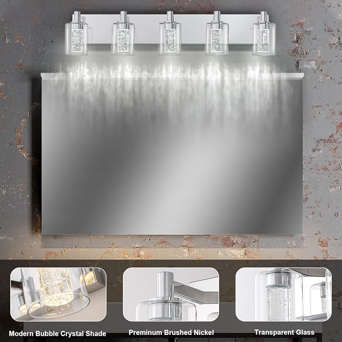 SineRise Vanity Light with 3 Color Modes (3000K/4000K/6000K), Eye Protection LED Bathroom Light Fixture, Dimmable Modern Wall Light Over Mirror with Clear Glass Shade (Chrome, 5-Light)