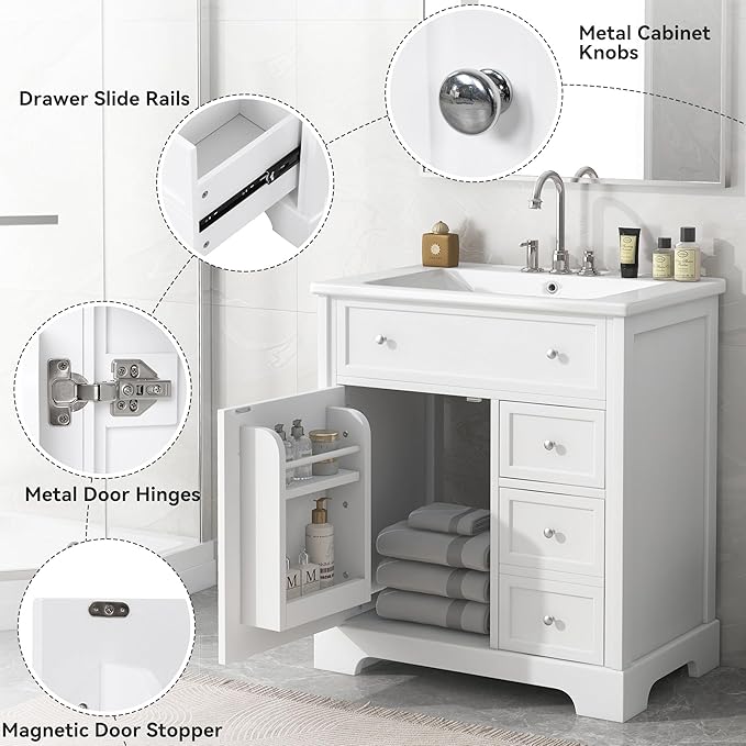 LUMISOL 30" Bathroom Vanity with Sink Combo, Solid Wood Bathroom Vanity with 2 Drawers and Storage Racks on Door, Freestanding Bathroom Storage Cabinet with Ceramic Basin Sink, White